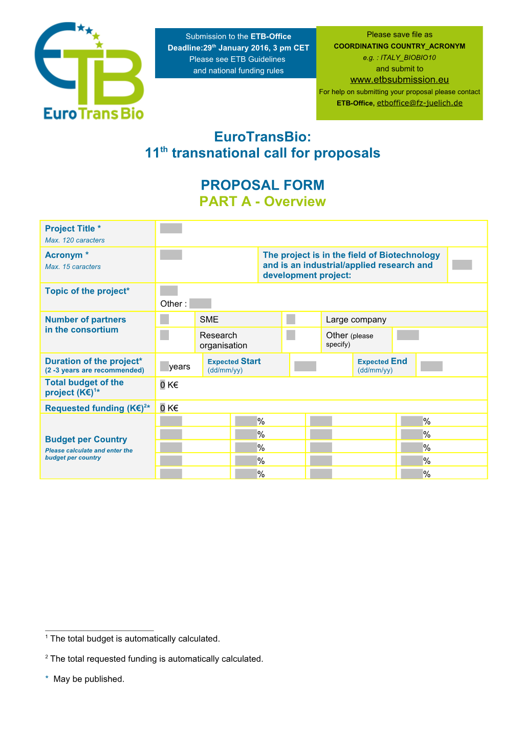 11Th Transnational Call for Proposals