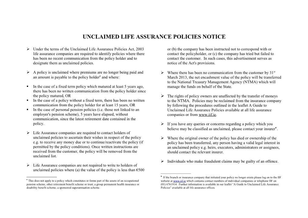 Unclaimed Life Assurance Policies Notice