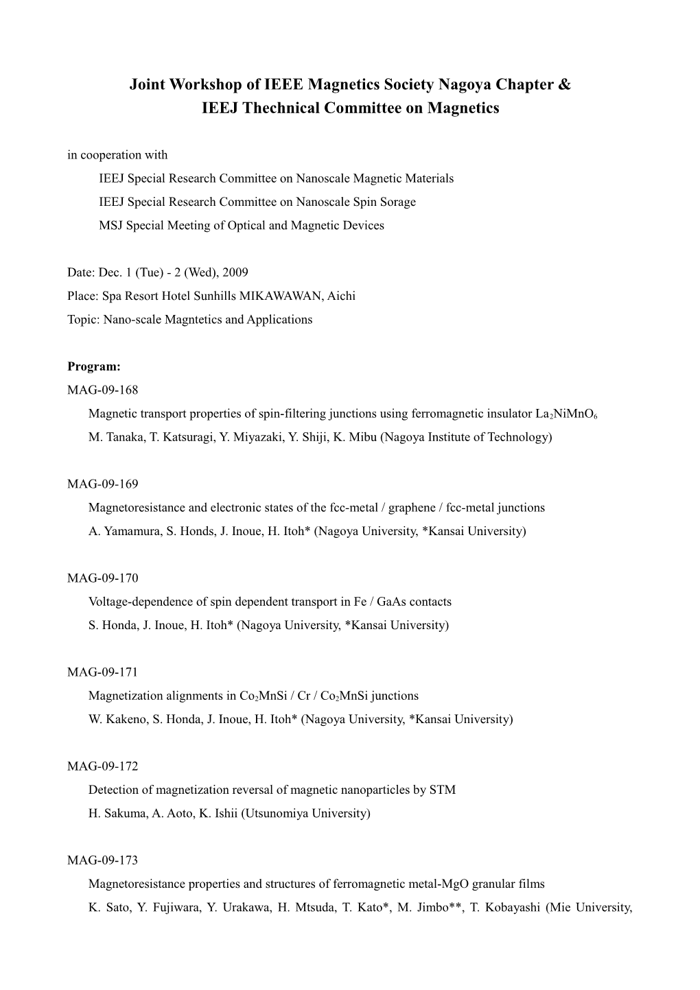 Joint Workshop of IEEE Magnetics Society Nagoya Chapter &