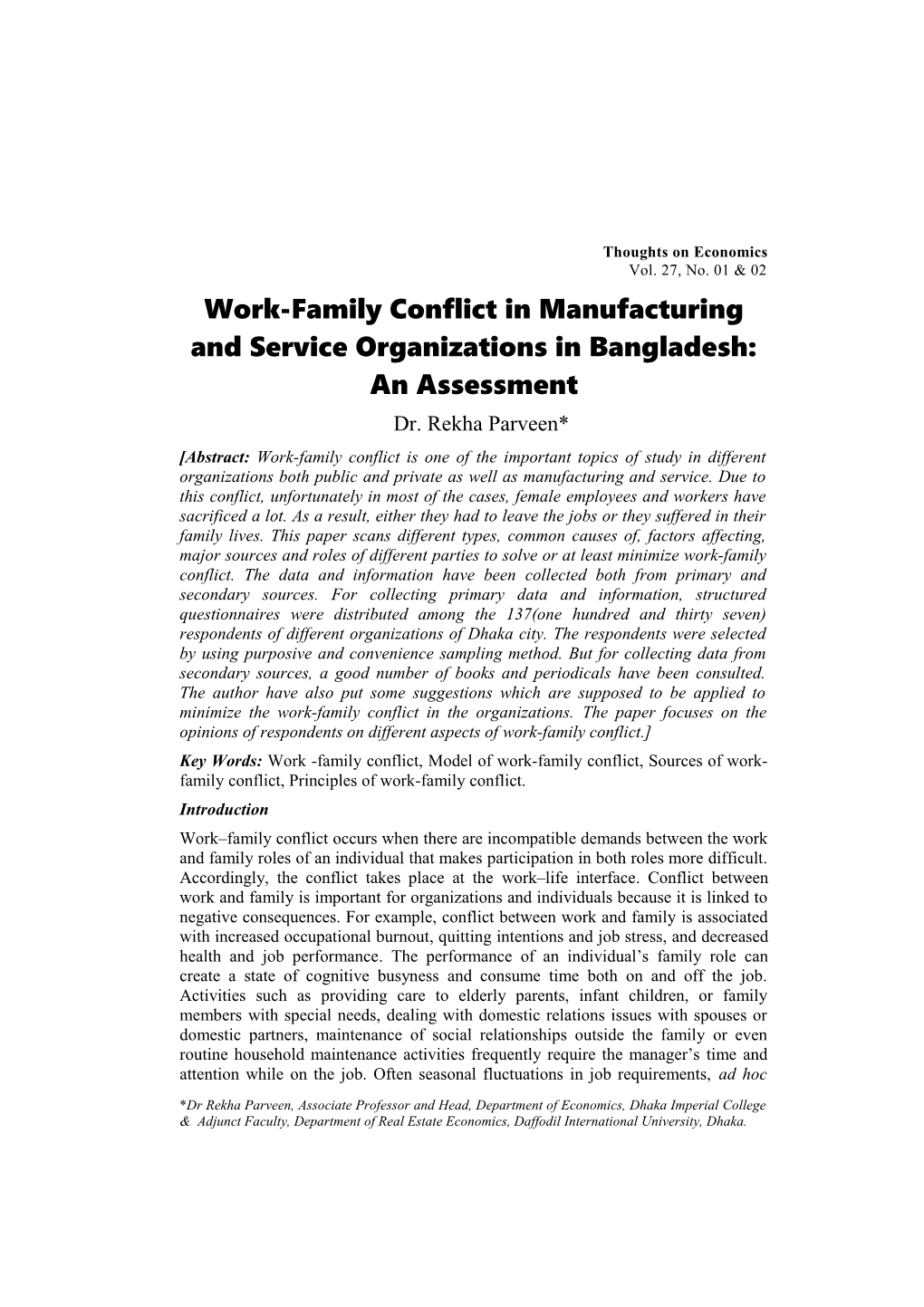 Work-Family Conflict in Manufacturing and Service Organizationsin Bangladesh: an Assessment