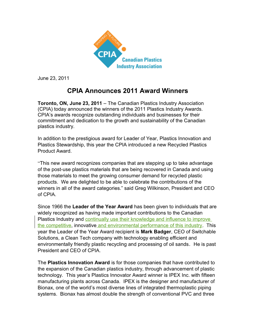 CPIA Announces 2011 Award Winners