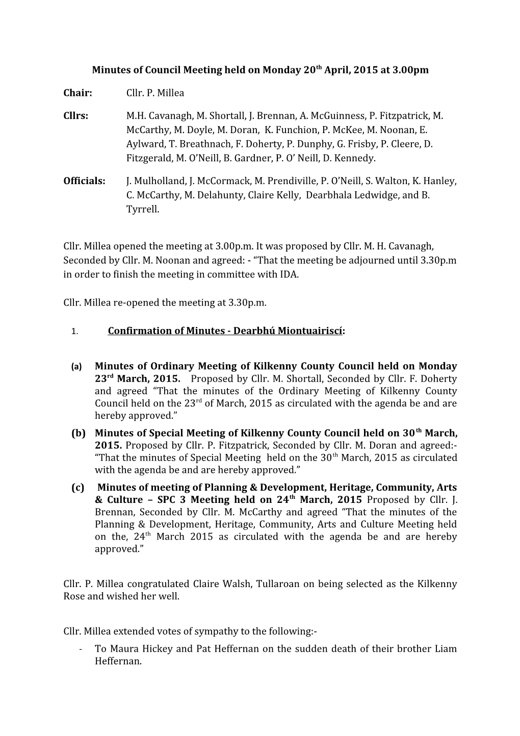 Minutes of Council Meeting Held on Monday 20Th April, 2015 at 3.00Pm