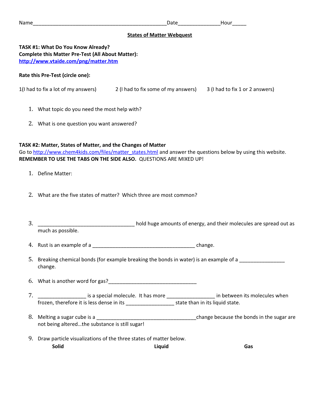 Complete This Matter Pre-Test (All About Matter)