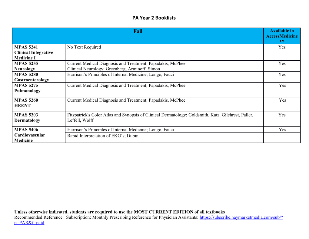 PA Year 2 Booklists