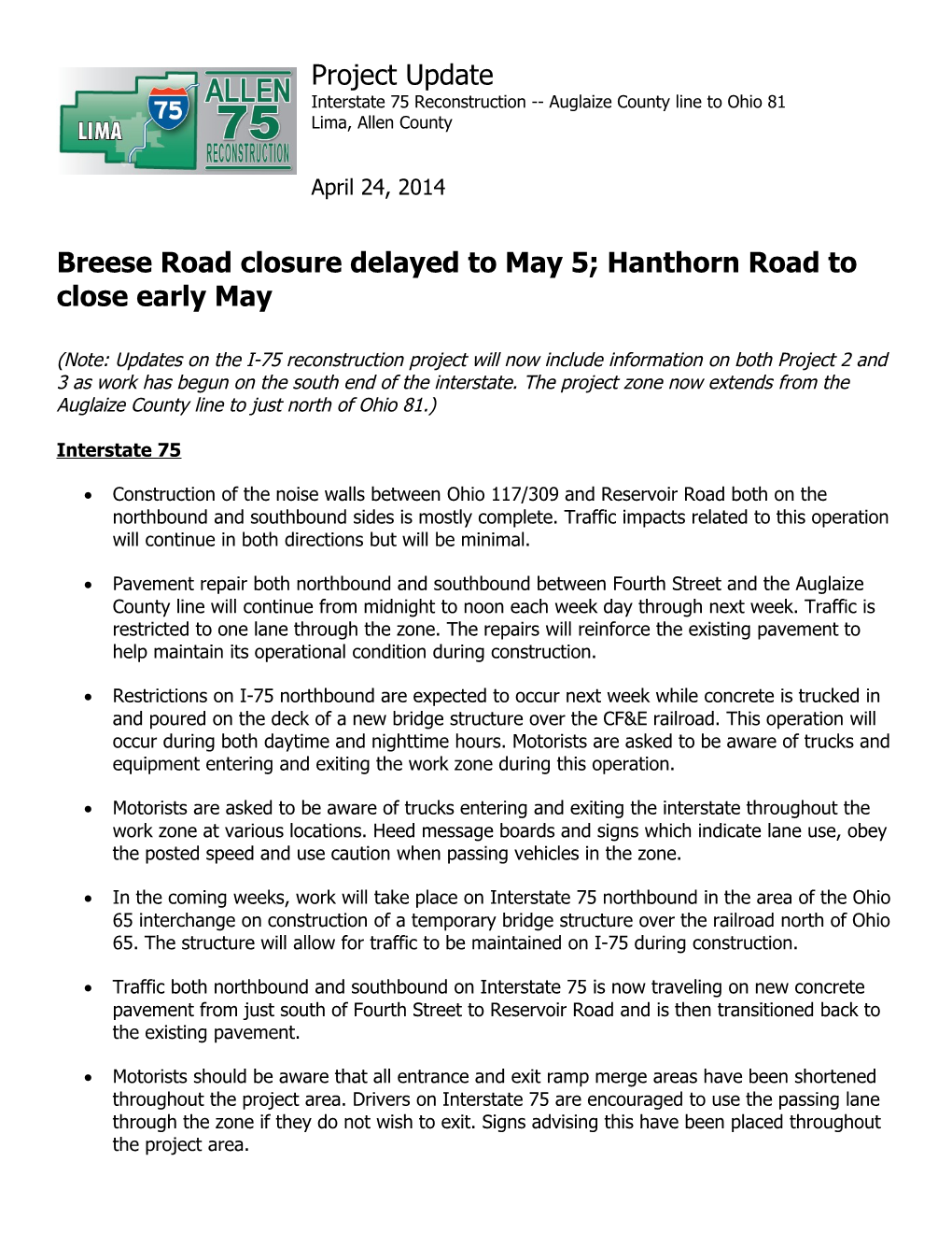 Breese Road Closure Delayed to May 5; Hanthorn Road to Close Early May