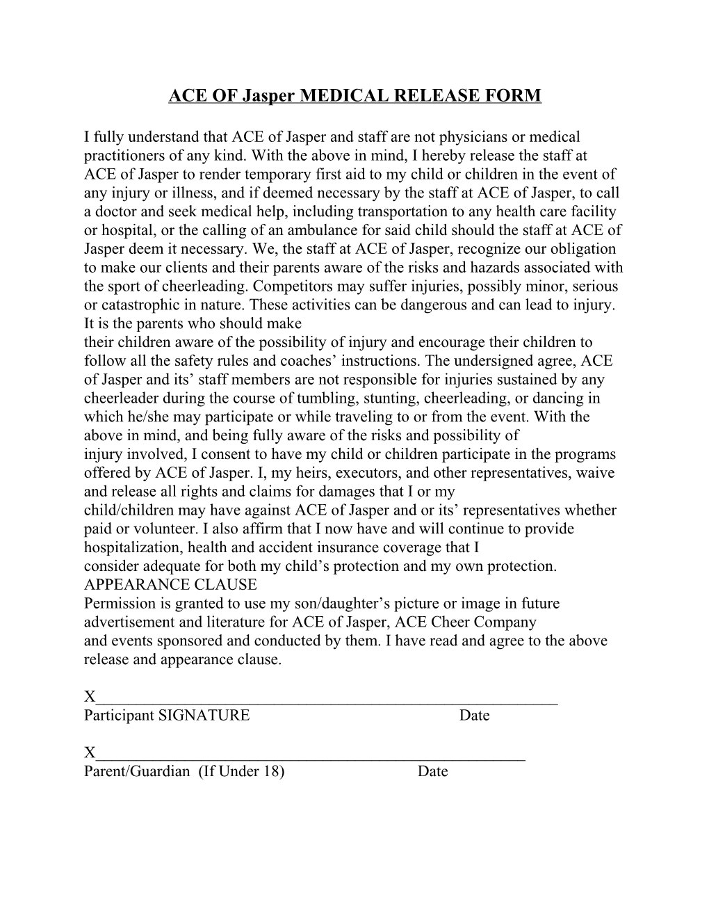 ACE of Jasper MEDICAL RELEASE FORM