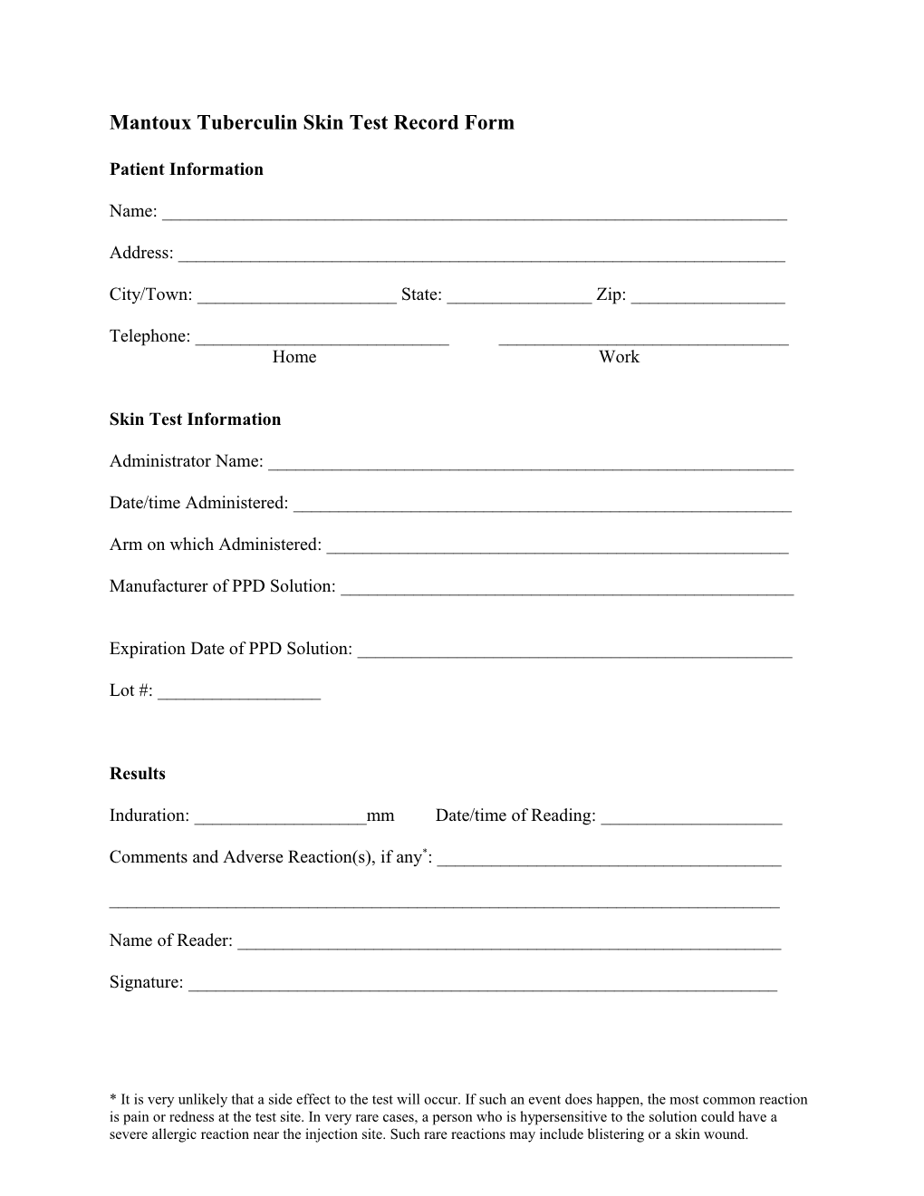 Mantoux Tuberculin Skin Test Record