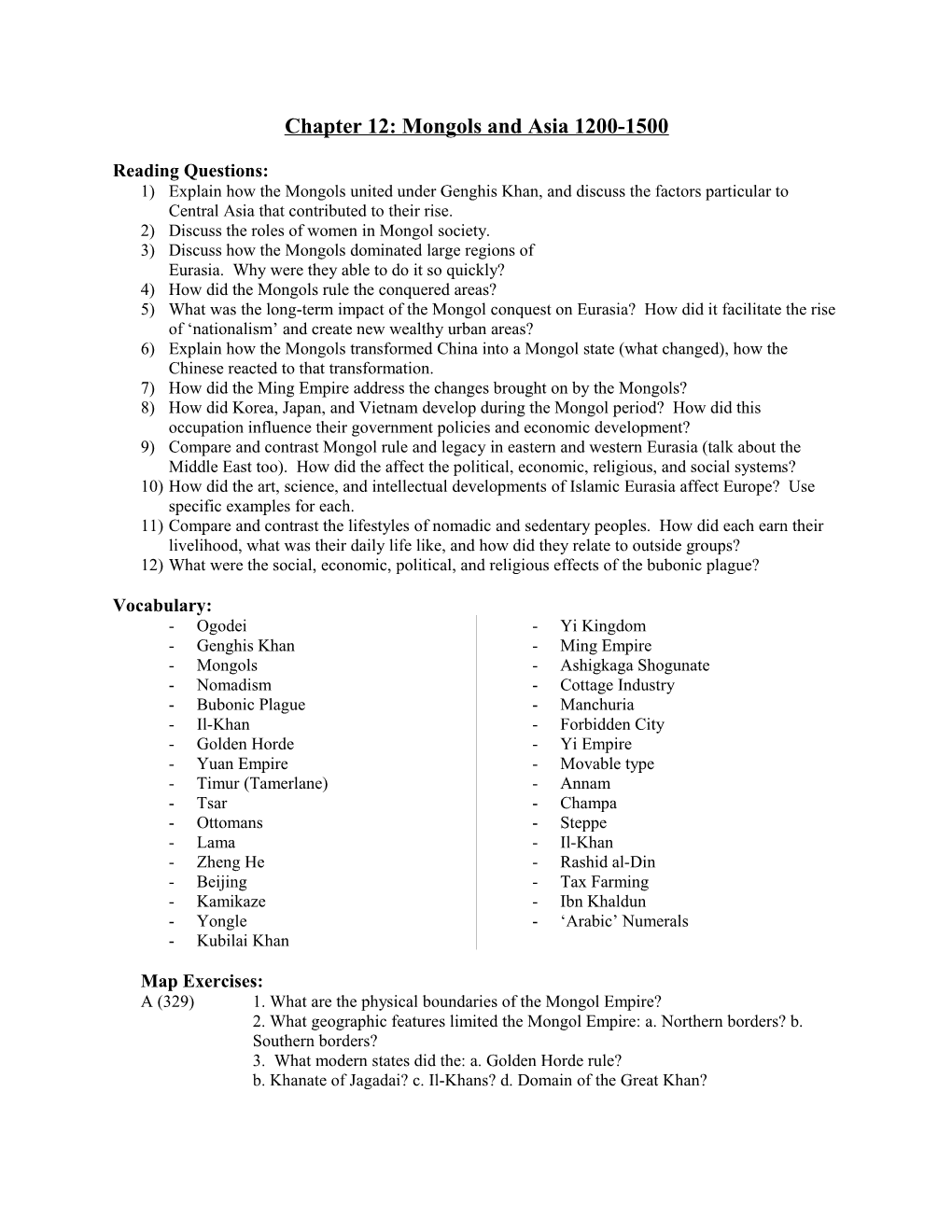 Chapter 12: Mongols and Asia 1200-1500