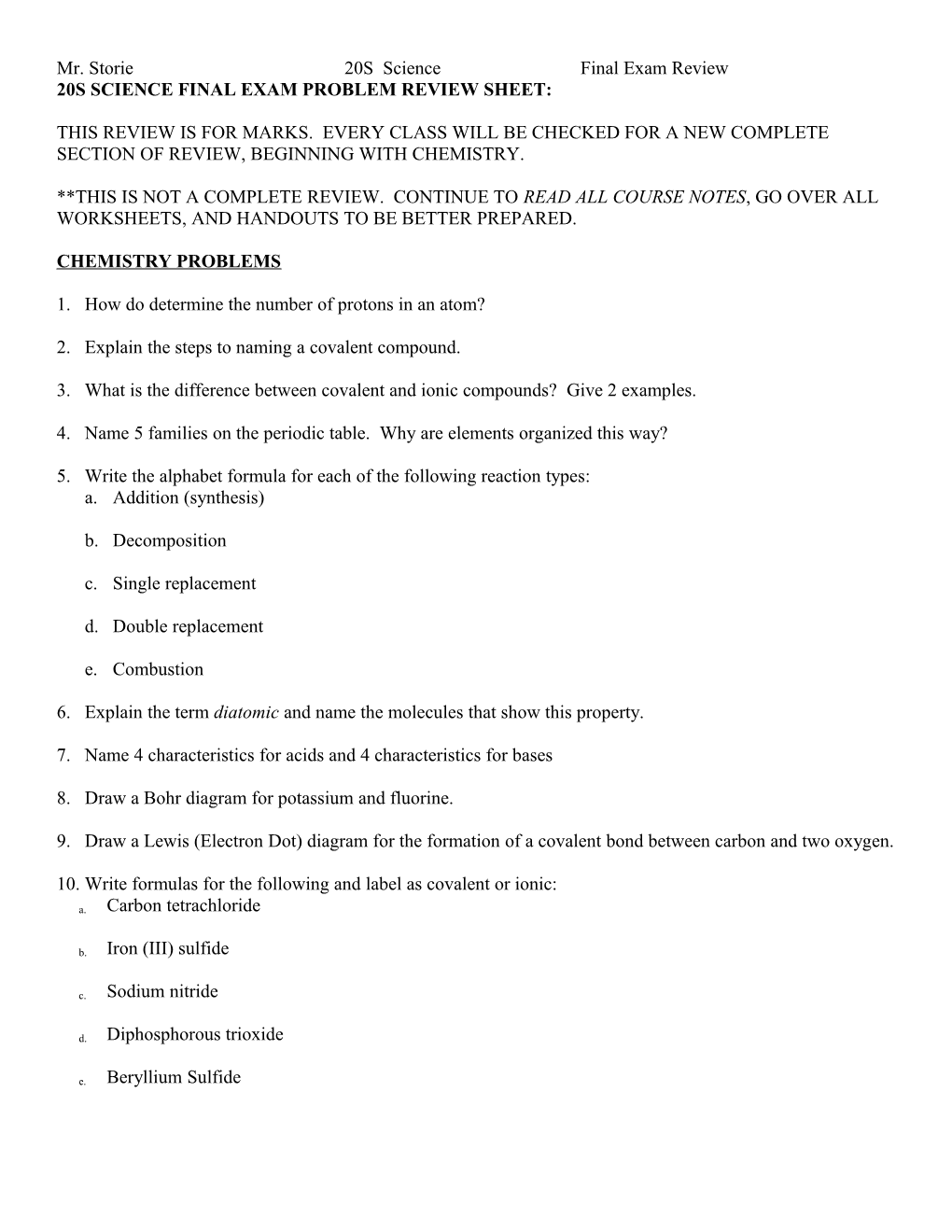 20S Science Final Exam Problem Review Sheet