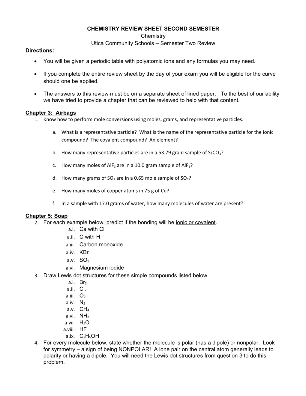Chemistry Review Sheet Second Semester