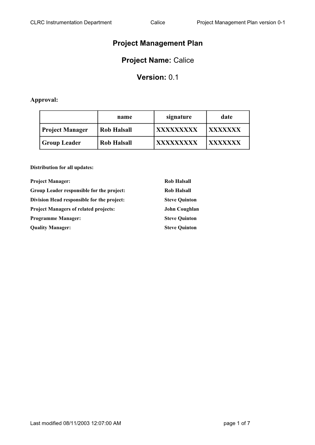 CLRC Instrumentation Department Calice Project Management Plan Version 0-1