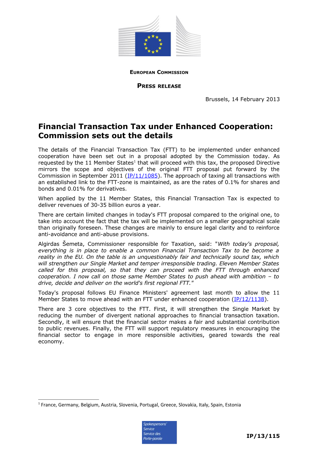 Financial Transaction Tax Under Enhanced Cooperation: Commission Sets out the Details
