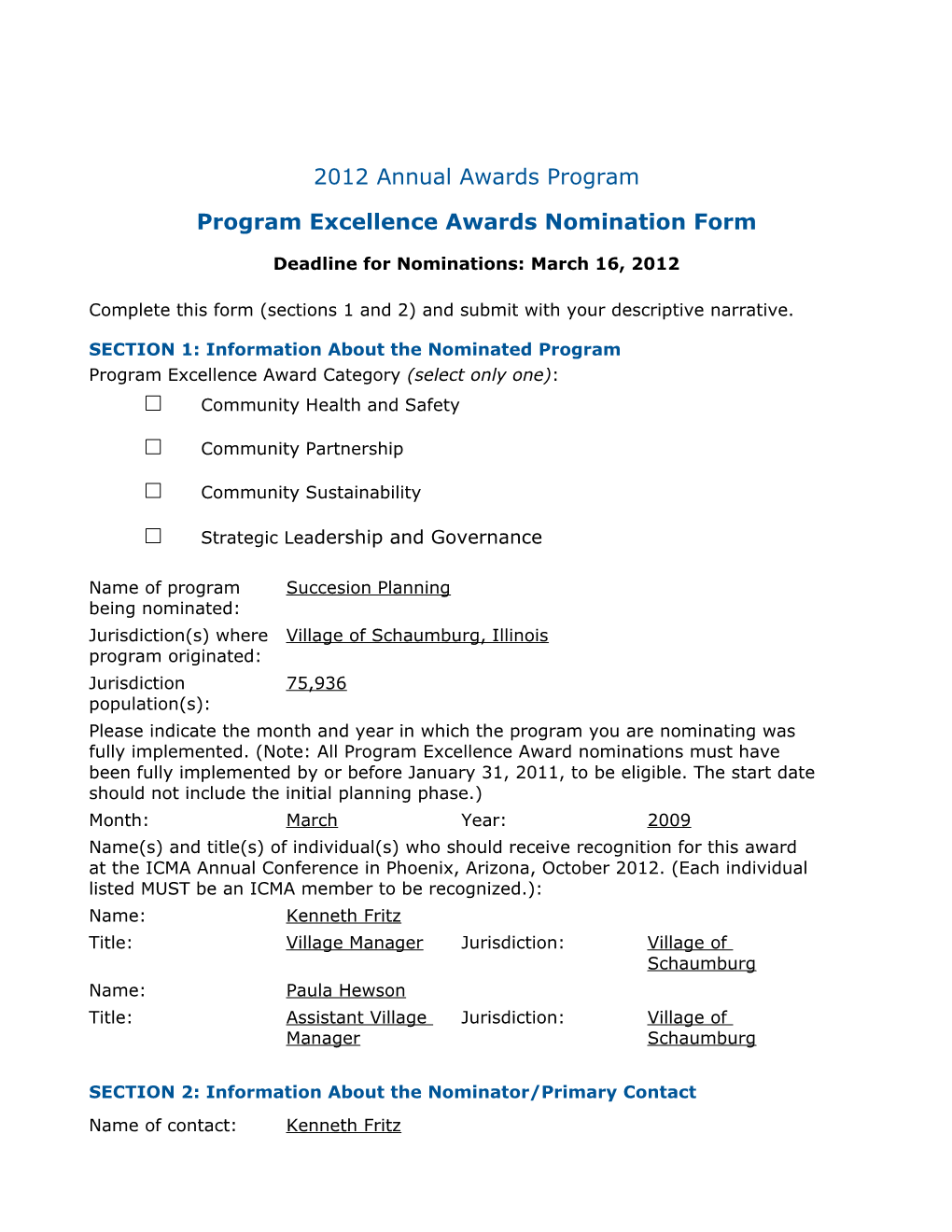 Program Excellence Awards Nomination Form