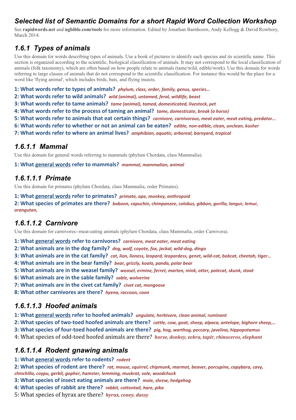 Selected List of Semantic Domains for a Short Rapid Word Collection Workshop