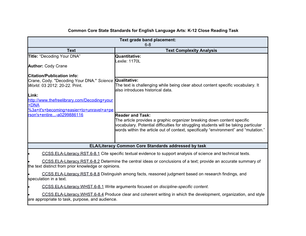 Common Core State Standards for English Language Arts: K-12 Close Reading Task