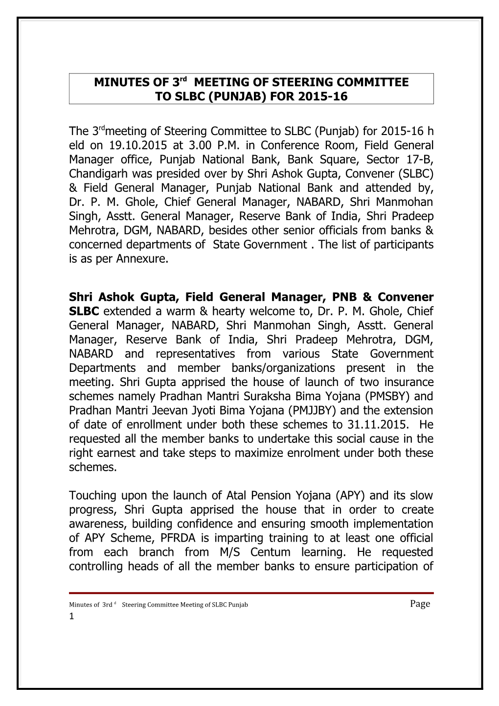 The 4Th Meeting of Steering Committee of SLBC (Punjab) for the Year 2005-06 Would Be Held