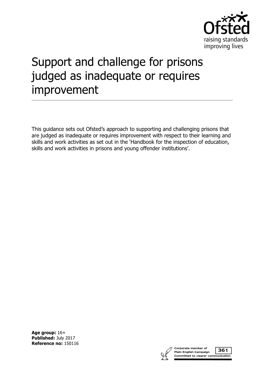 Support and Challenge for Prisons Judged As Inadequate Or Requires Improvement