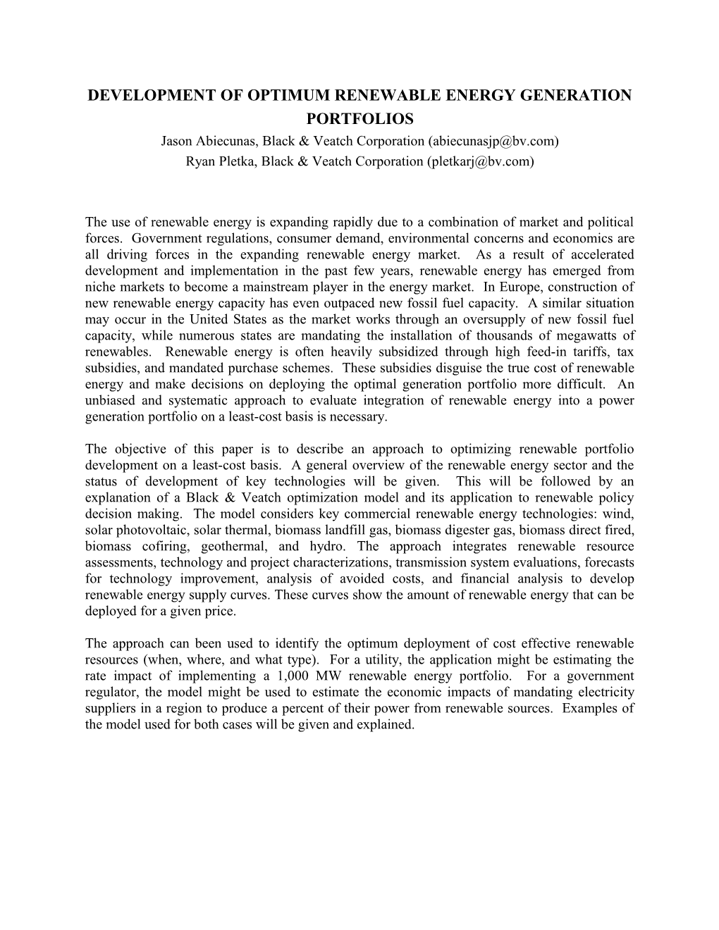 Development of Optimum Renewable Energy: Generation Portfolios