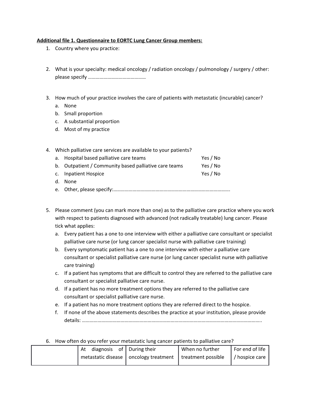 Additional File 1. Questionnaire to EORTC Lung Cancer Group Members