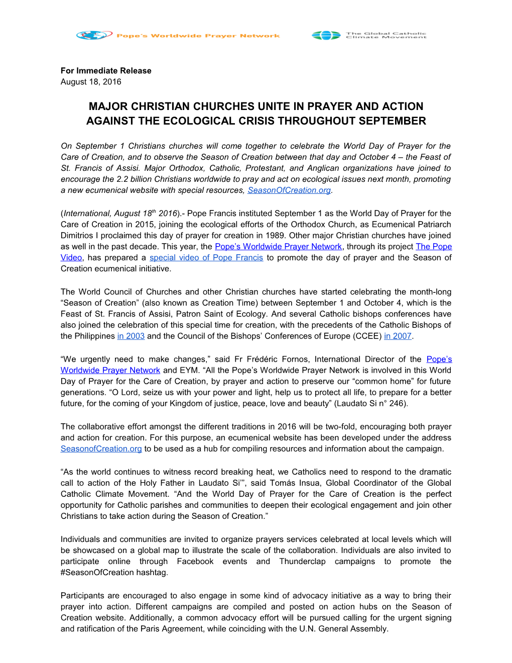 Major Christian Churches Unite in Prayer and Action