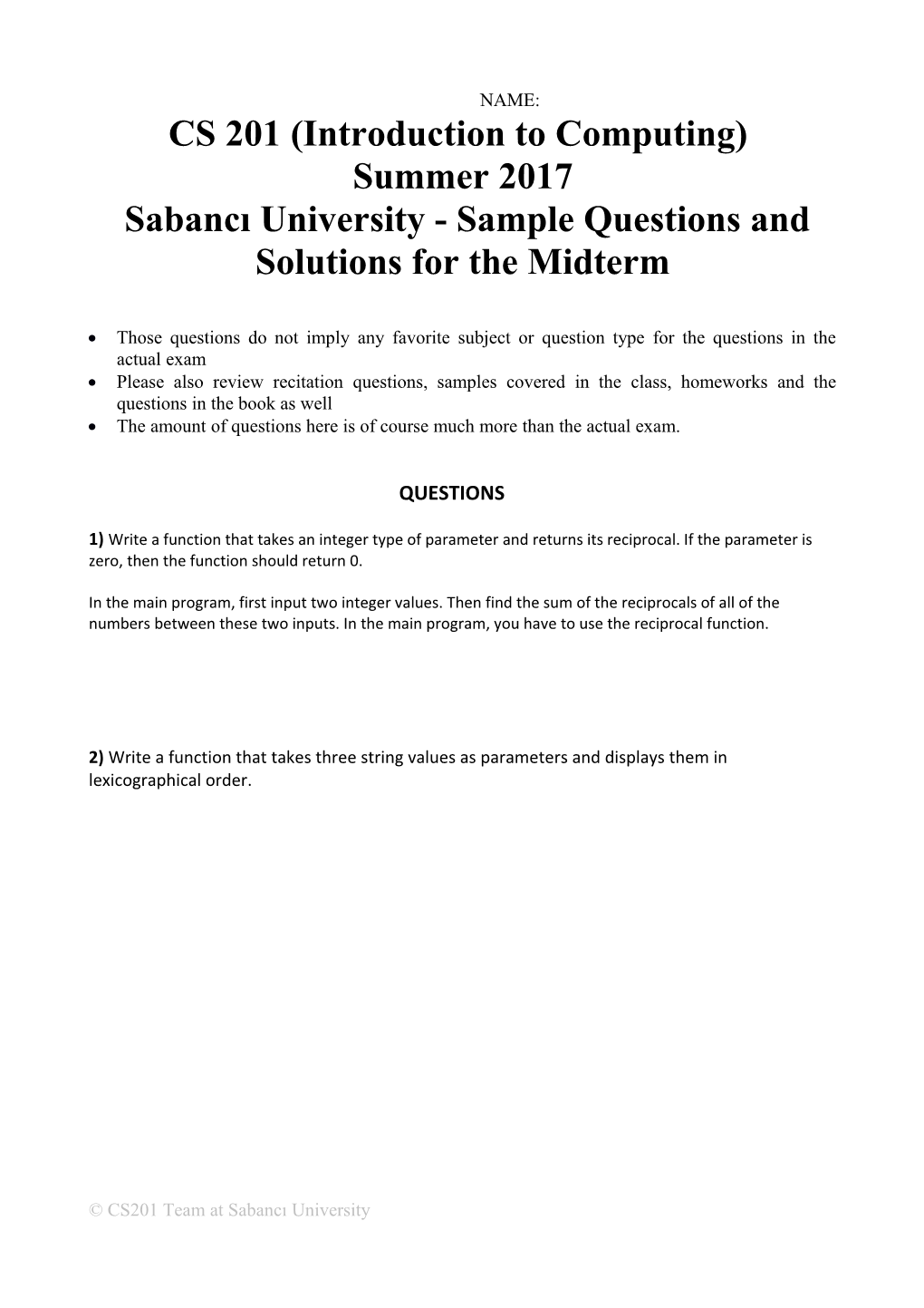Sabancı University - Sample Questions and Solutions for the Midterm