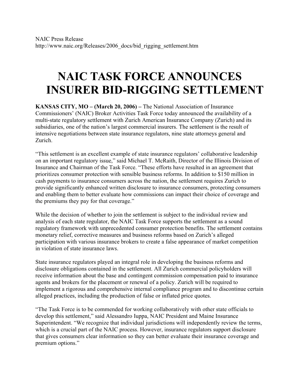 NAIC Press Release