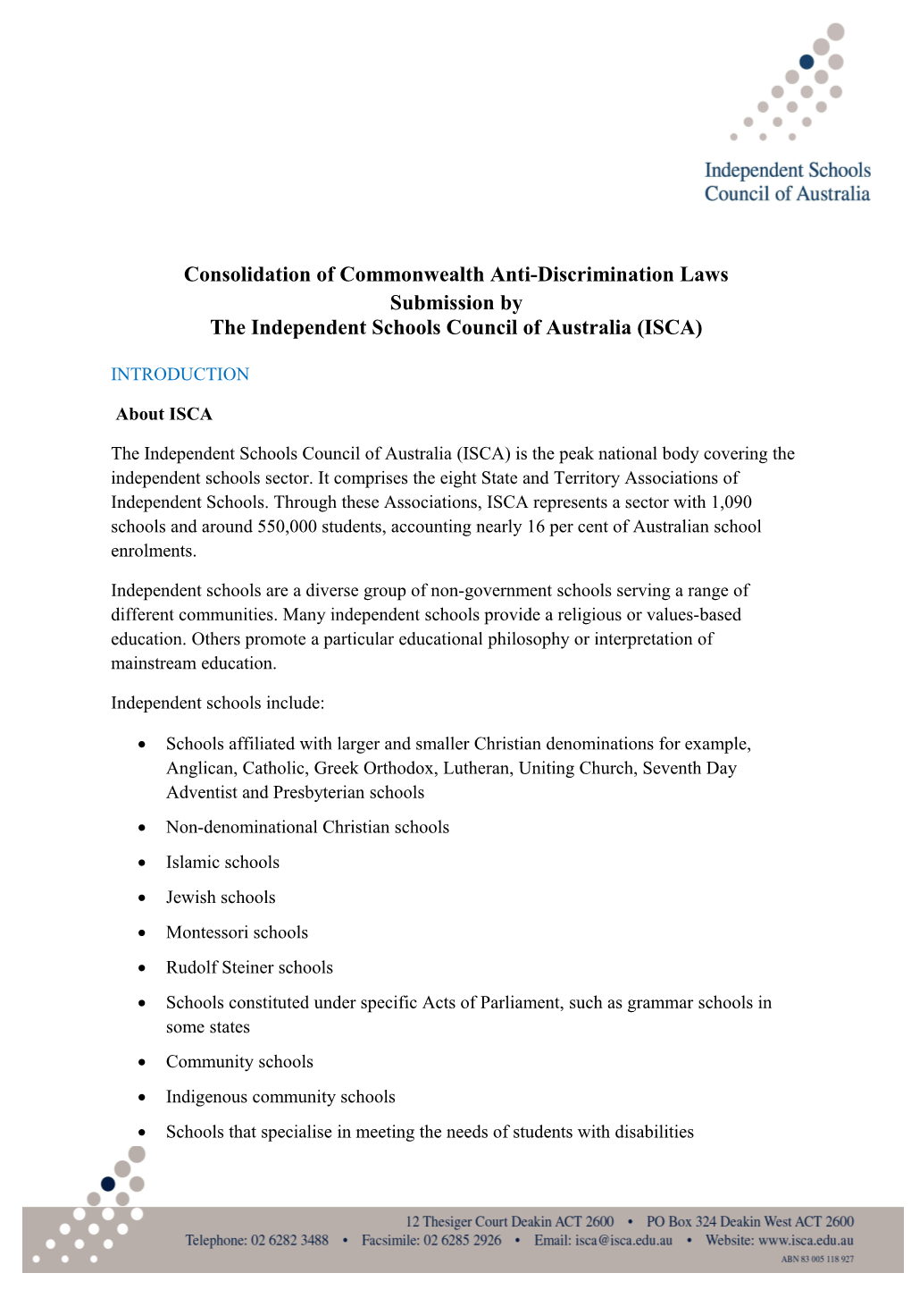 Submission on the Consolidation of Commonwealth Anti-Discrimination Laws - Independent