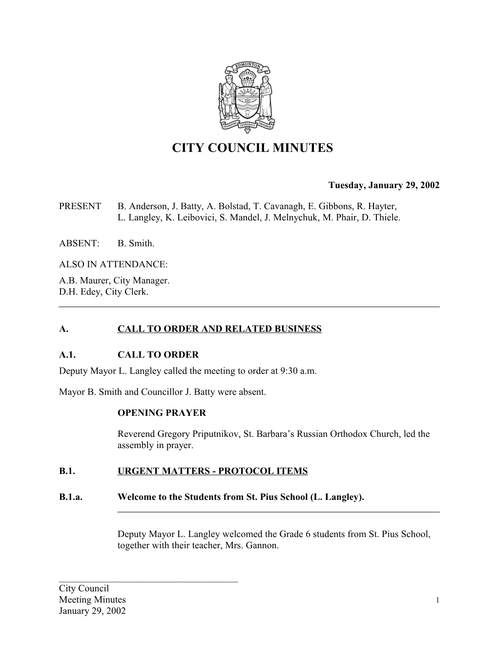 Minutes for City Council January 29, 2002 Meeting