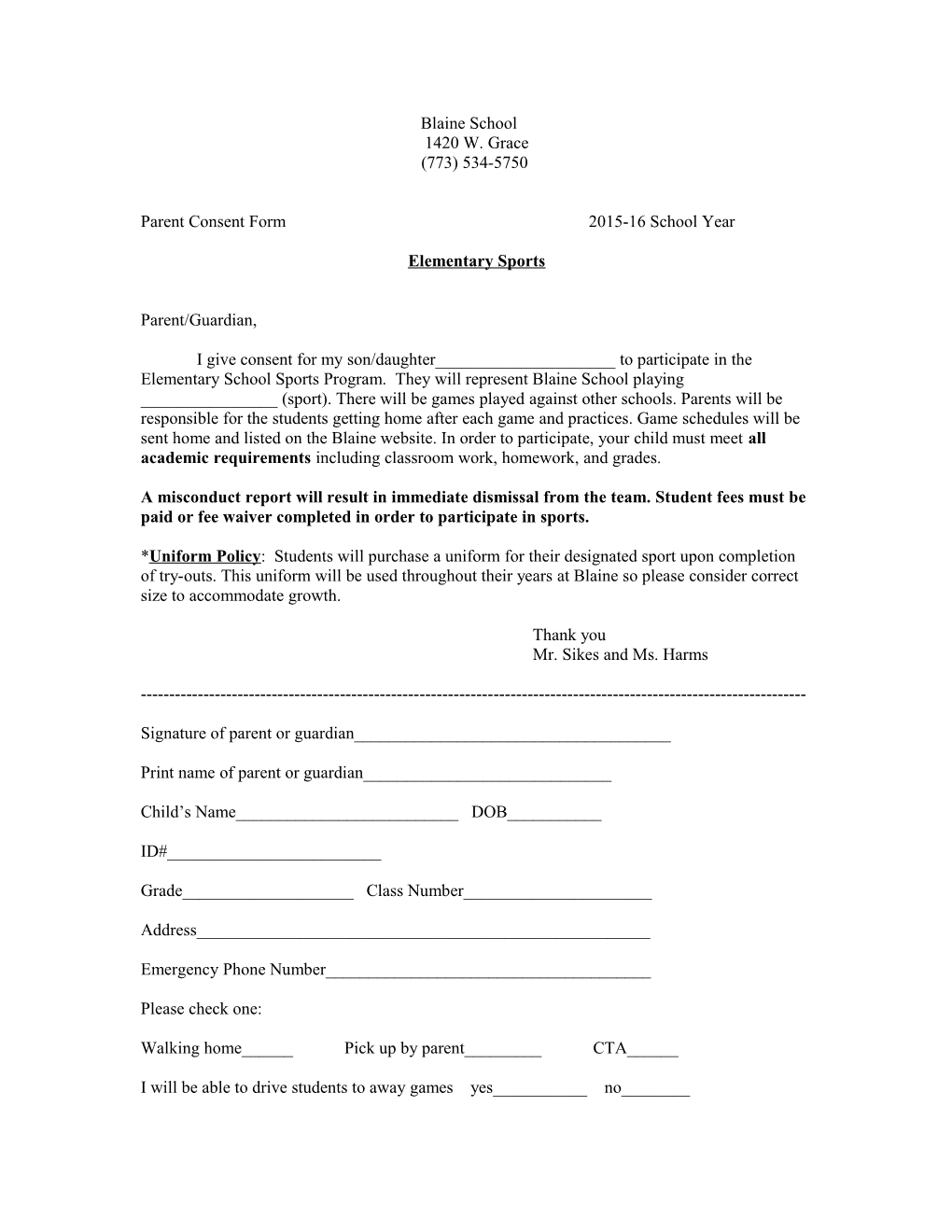 Parent Consent Form 2015-16 School Year