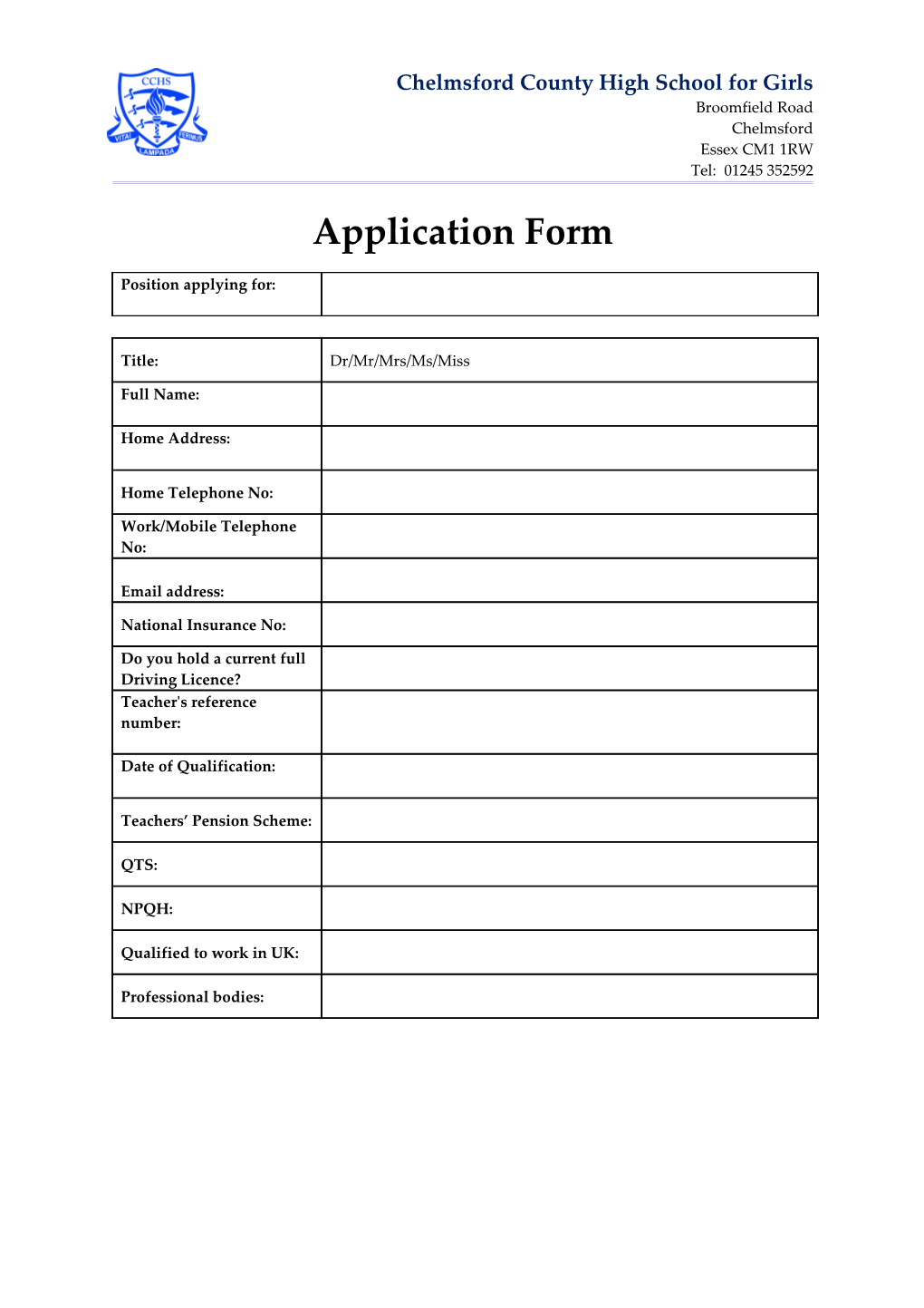 Application Form: Teaching Staff