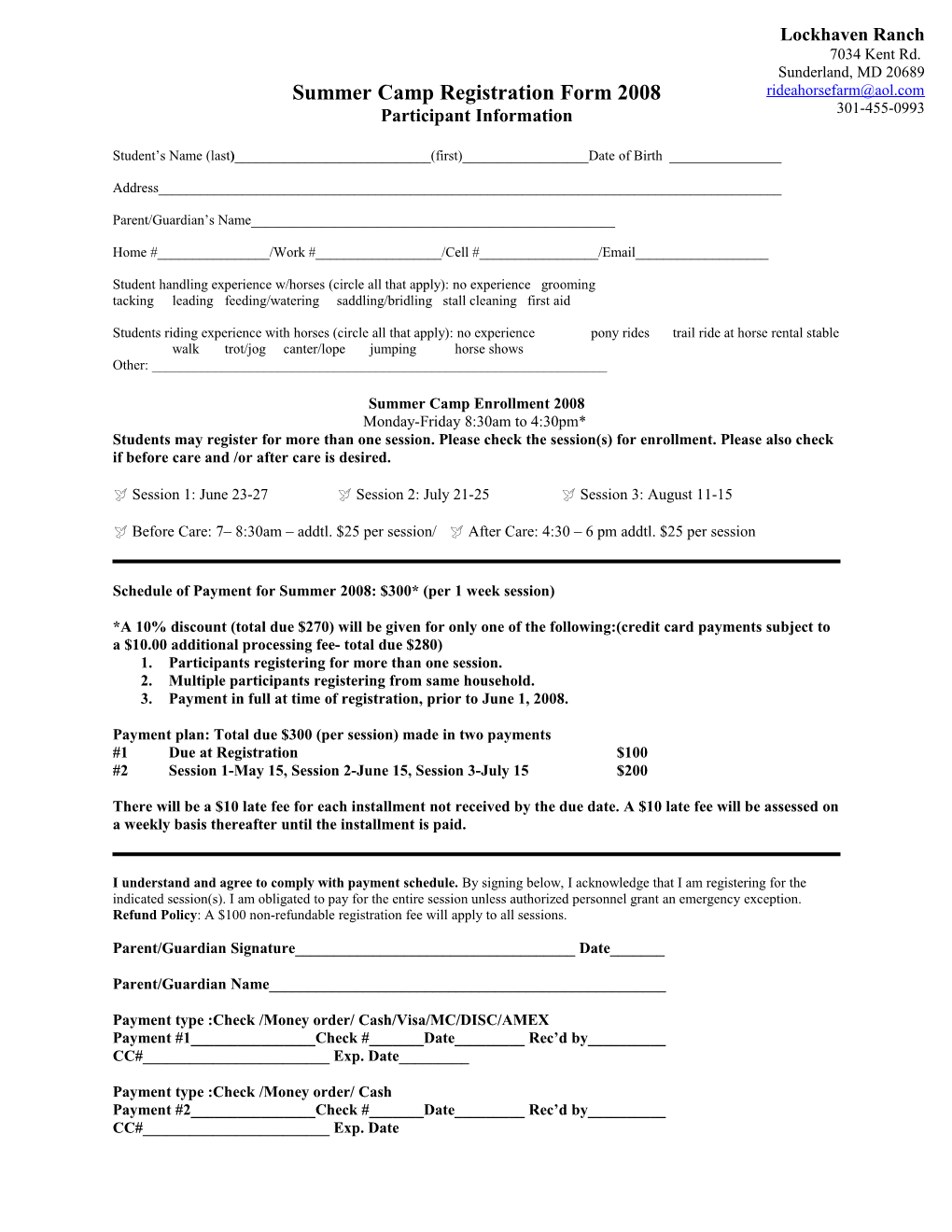 Summer Camp Registration Form 2008