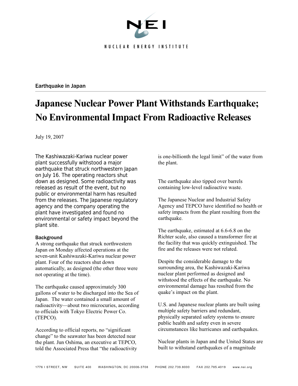 Japanese Nuclear Power Plant Withstands Earthquake;