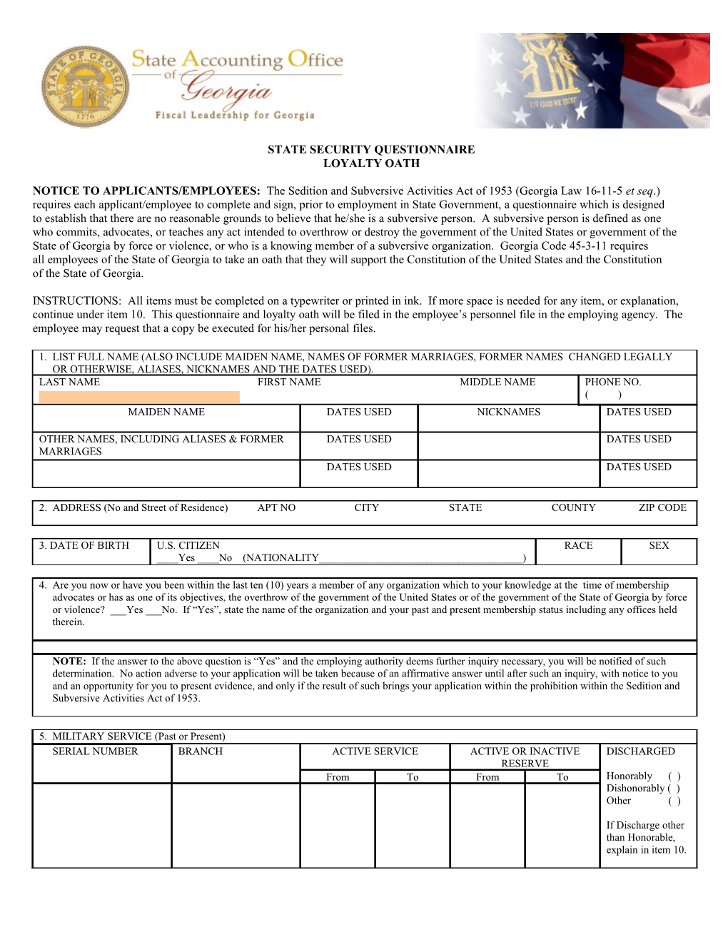 State Security Questionnaire