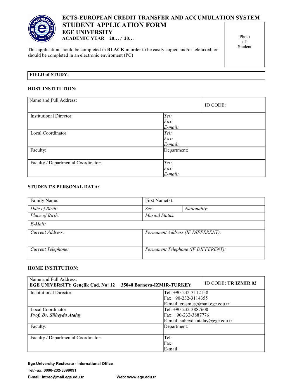 ERASMUS Student Application Form (2003/2004)