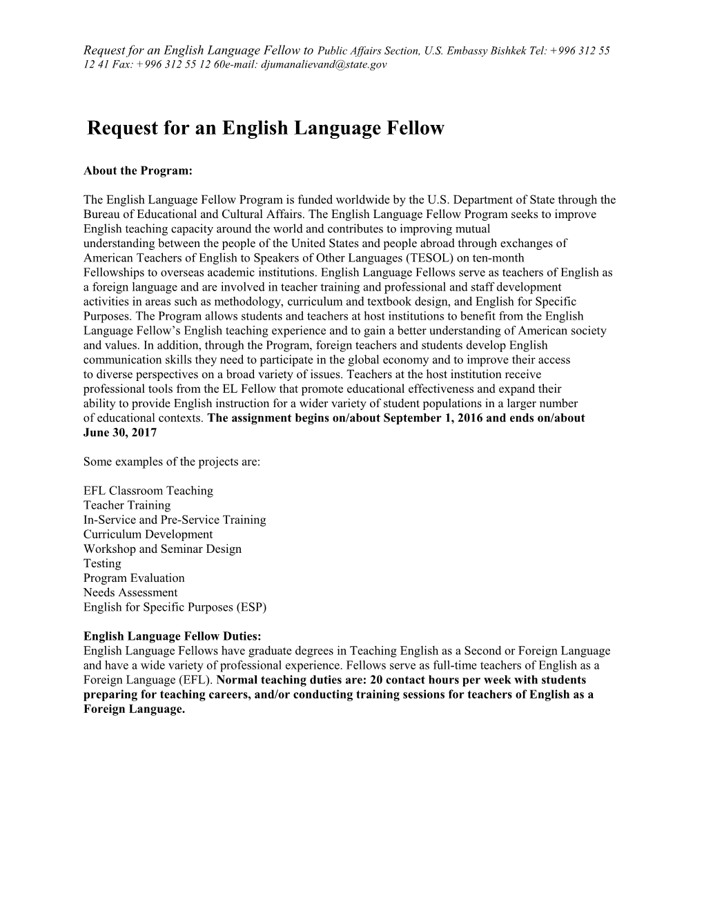 Request for an English Language Fellow