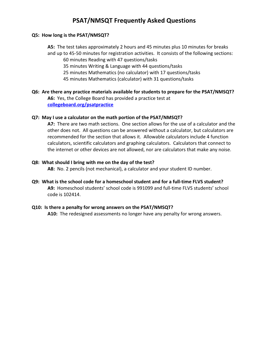 PSAT/NMSQT Frequently Asked Questions
