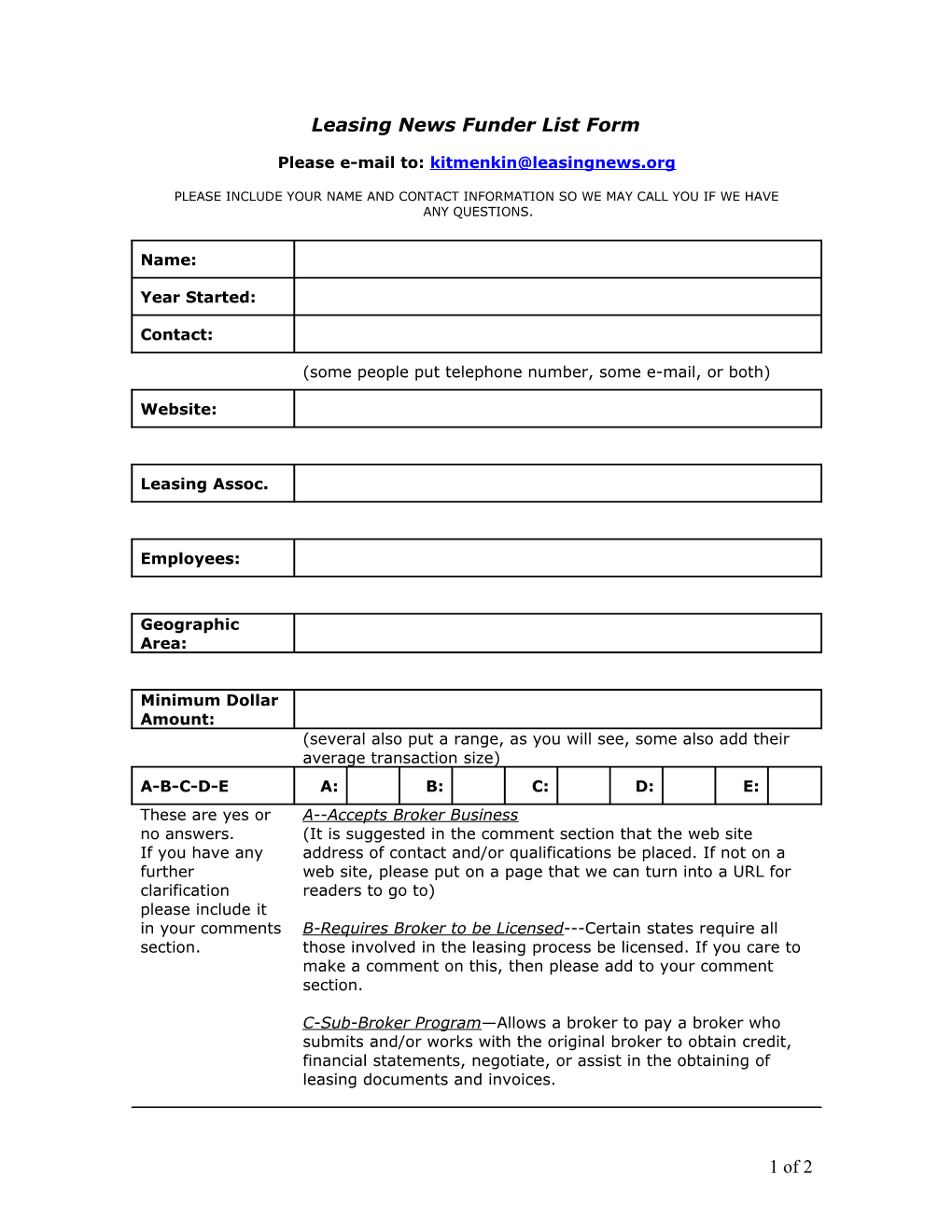 Leasing News Funder List Form