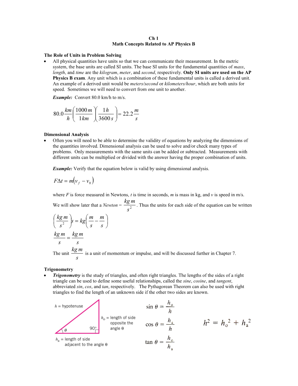 Math Concepts Related to AP Physics B