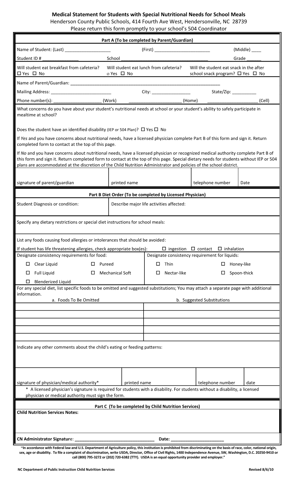 Medical Statement for Students with Special Nutritional Needs