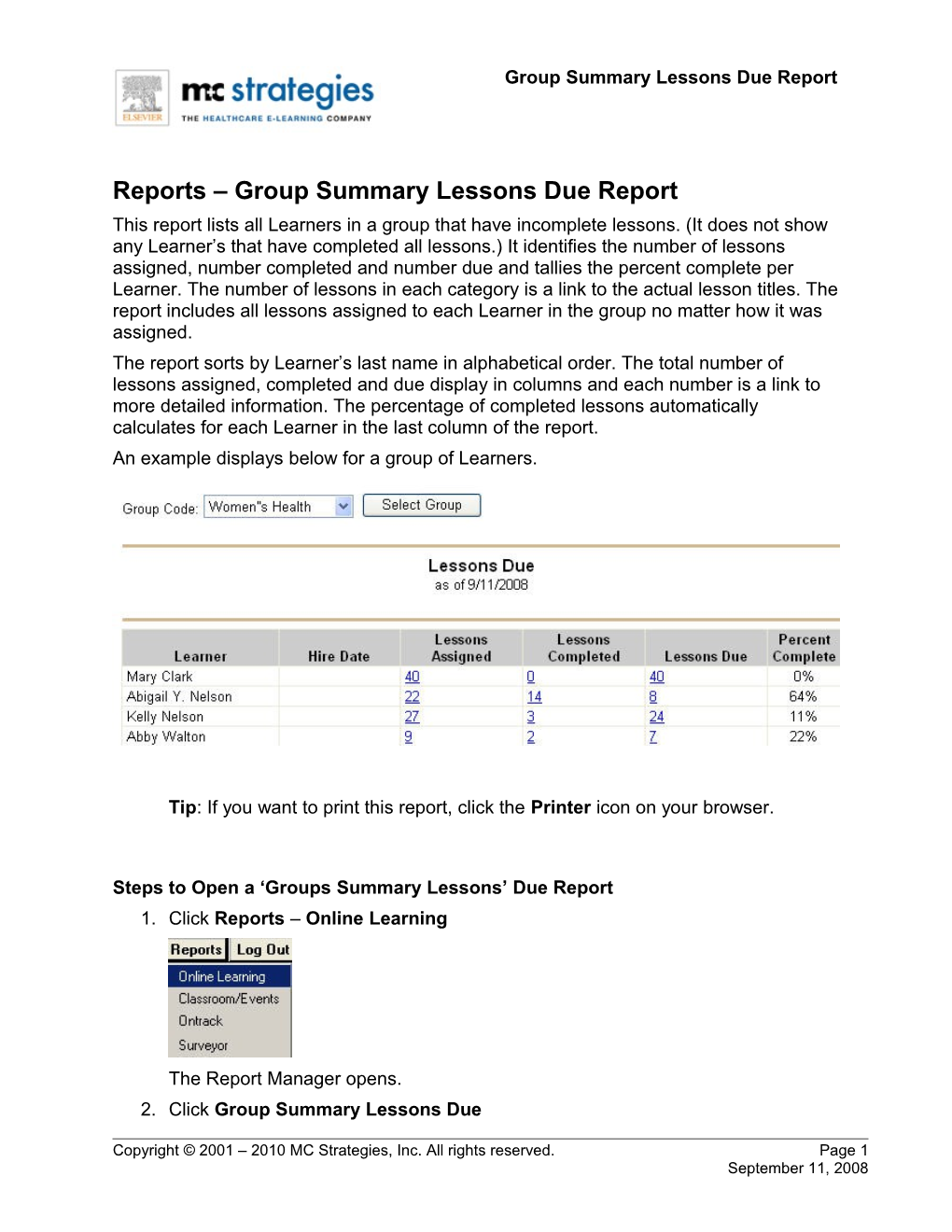 Reports Group Summary Lessons Due Report