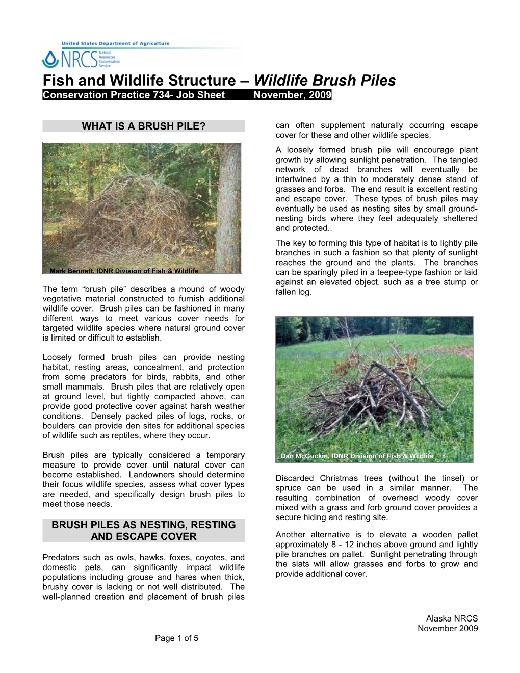 Indiana Wildlife Brush Pile Job Sheet