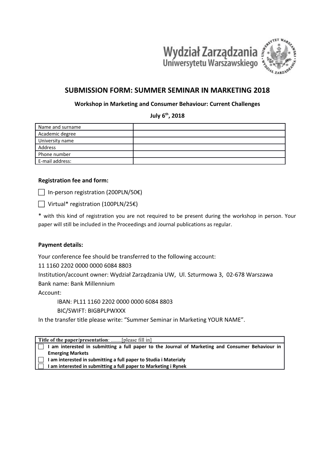 Submission Form: Summer Seminar in Marketing 2018