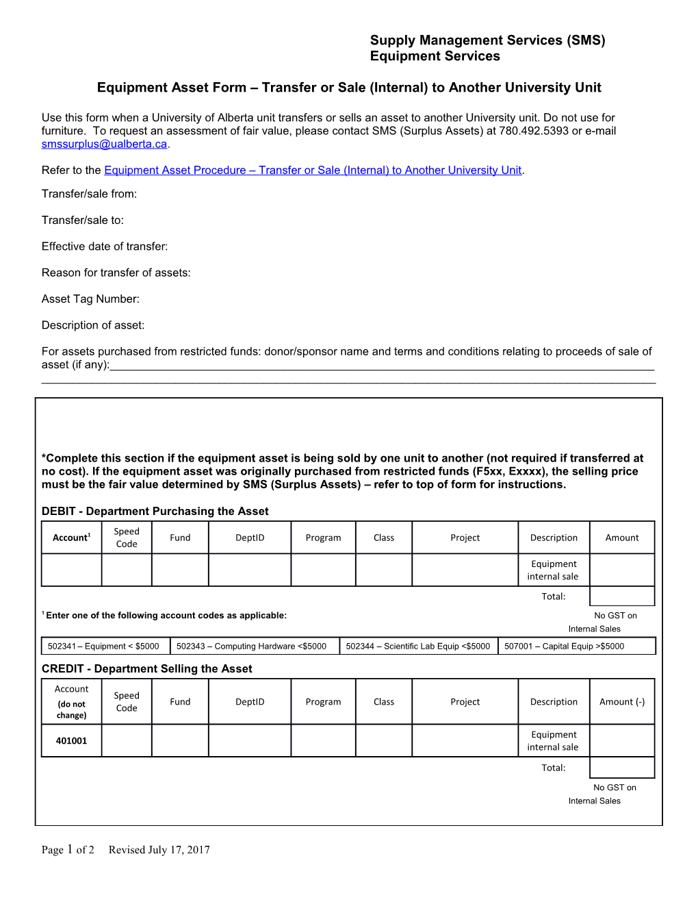 Equipment Asset Form Transfer Or Sale (Internal) to Another University Unit