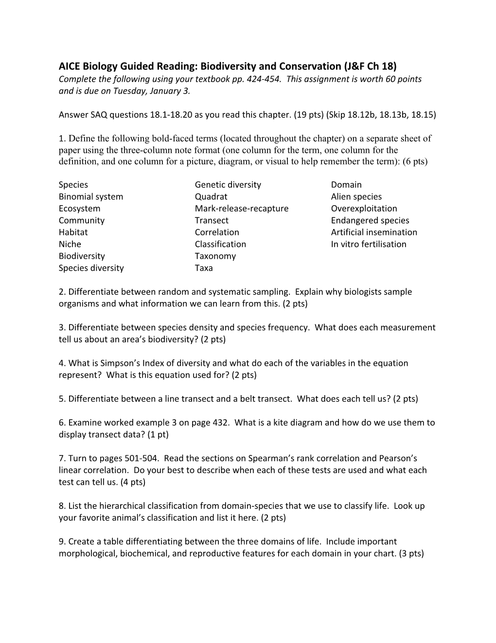 AICE Biology Guided Reading: Biodiversity and Conservation (J&F Ch 18)