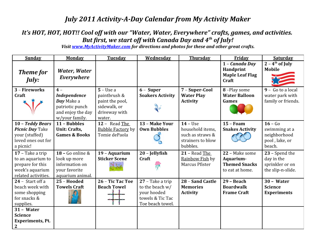 July 2011 Activity-A-Day Calendar from My Activity Maker