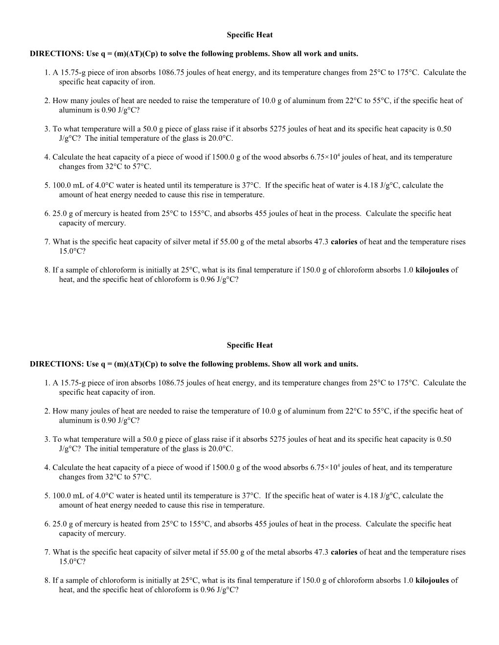 Specific Heat Worksheet s3