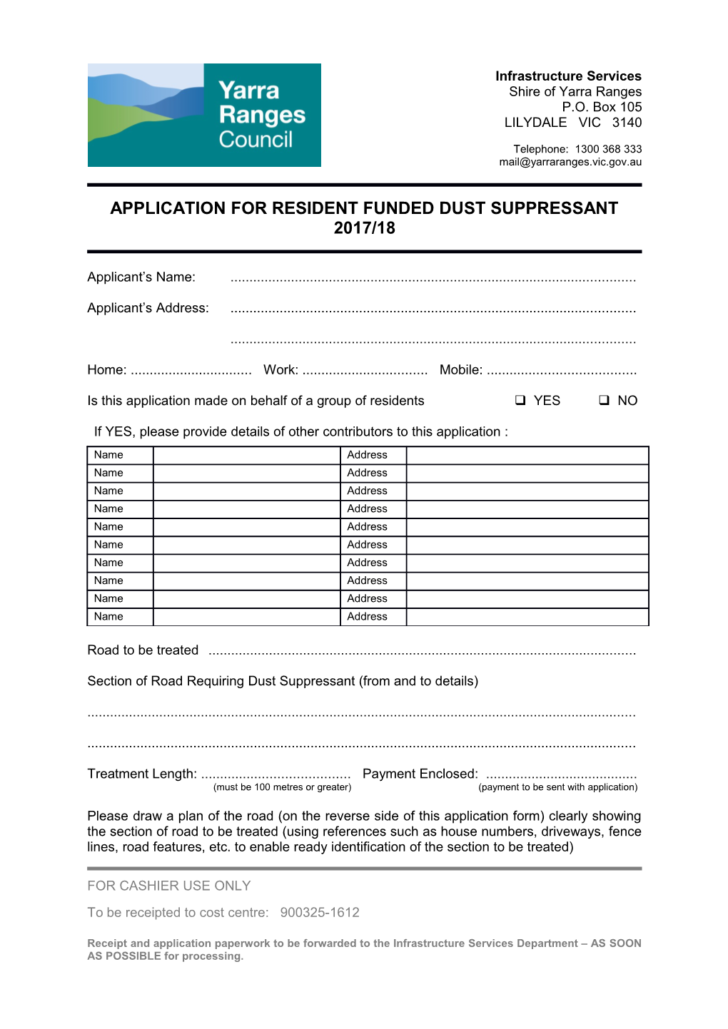 Application for Resident Funded Dust Suppressant 2017/18