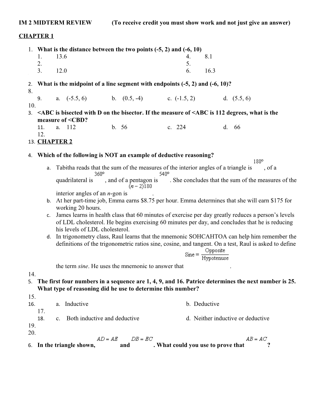 IM 2 MIDTERM REVIEW (To Receive Credit You Must Show Work and Not Just Give an Answer)