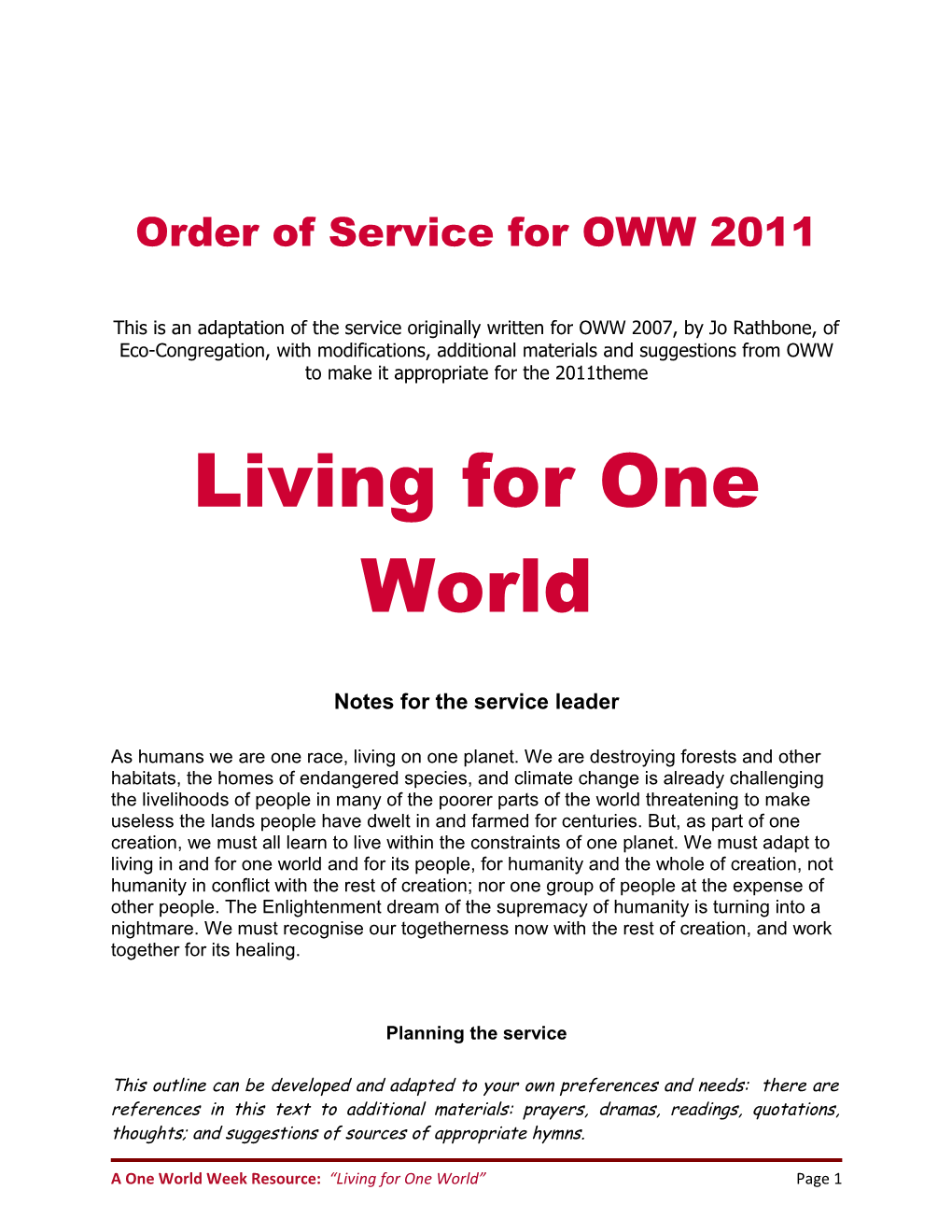Order of Service for OWW 2011