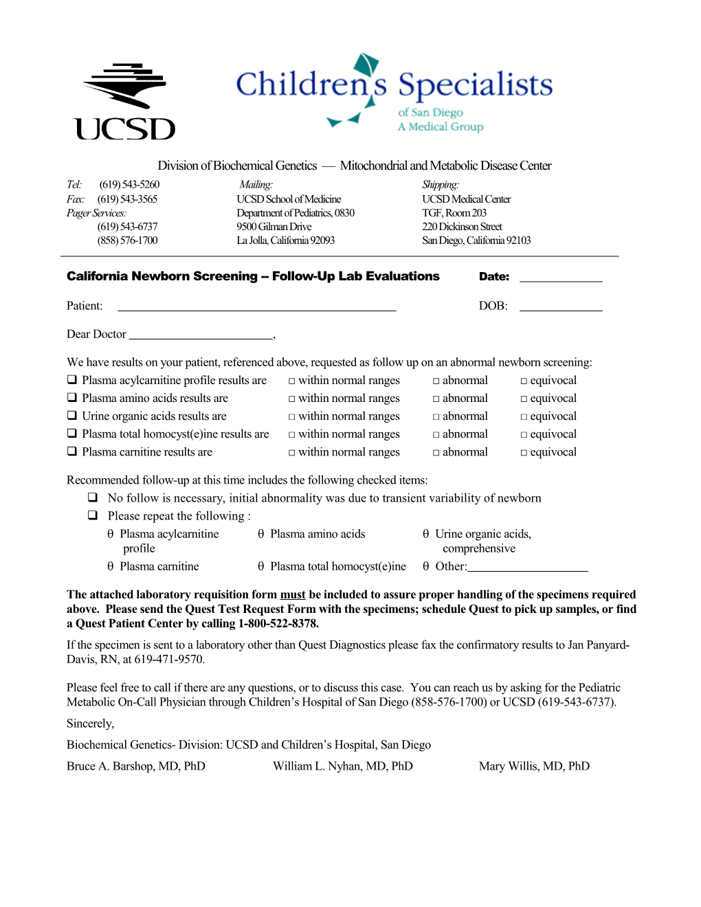 California Newborn Screening Follow-Up Lab Evaluations Date